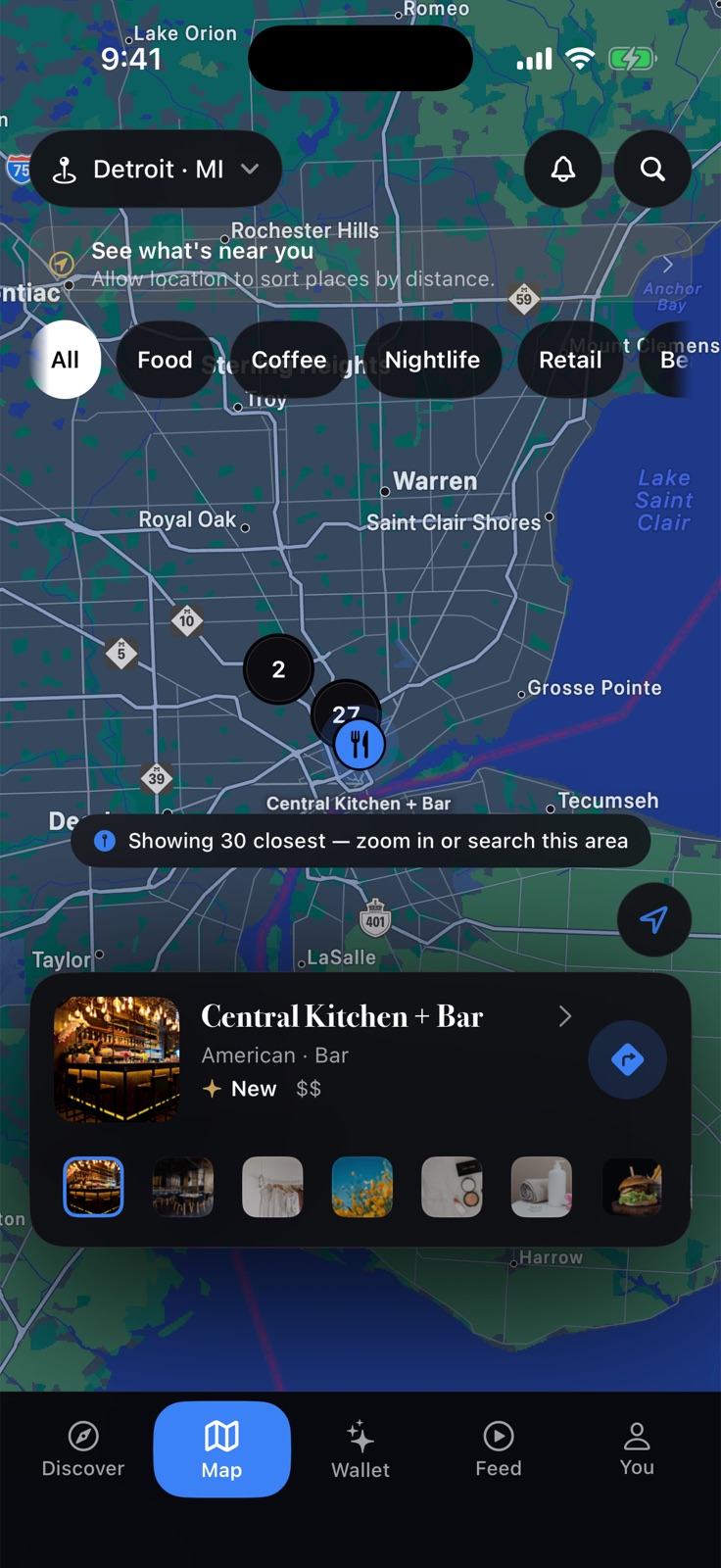 The BLKMKT Map tab set to Detroit, with business pins, category filters and a listing card.